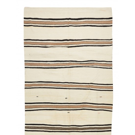 Beige Vintage Kilim Handmade Flatweave Striped Motif Wool Rug