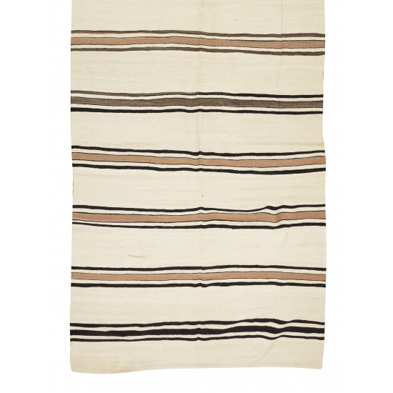 Long Striped Vintage Hand-Woven Turkish Runner Kilim in Cream & Brown