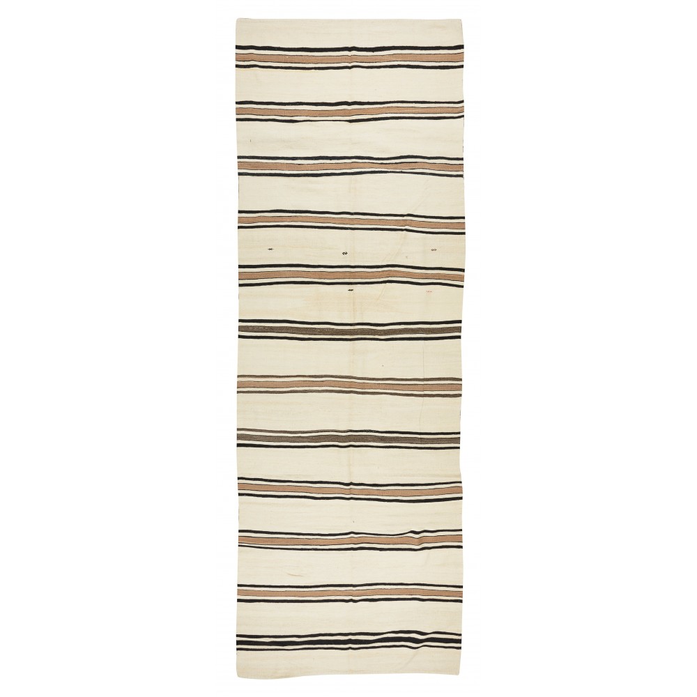 Long Striped Vintage Hand-Woven Turkish Runner Kilim in Cream & Brown