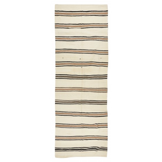 Long Striped Vintage Hand-Woven Turkish Runner Kilim in Cream & Brown