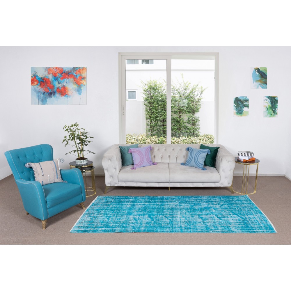 Authentic Vintage Handmade Rug Over-Dyed in Teal for Modern Office & Home