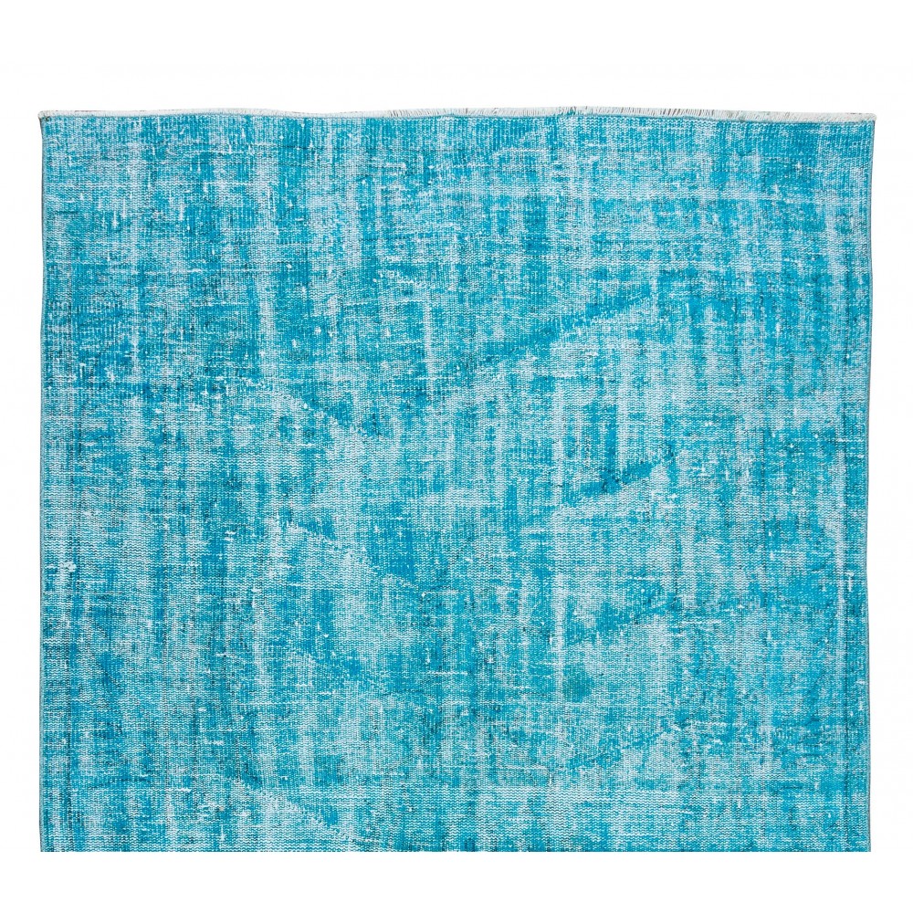 Authentic Vintage Handmade Rug Over-Dyed in Teal for Modern Office & Home