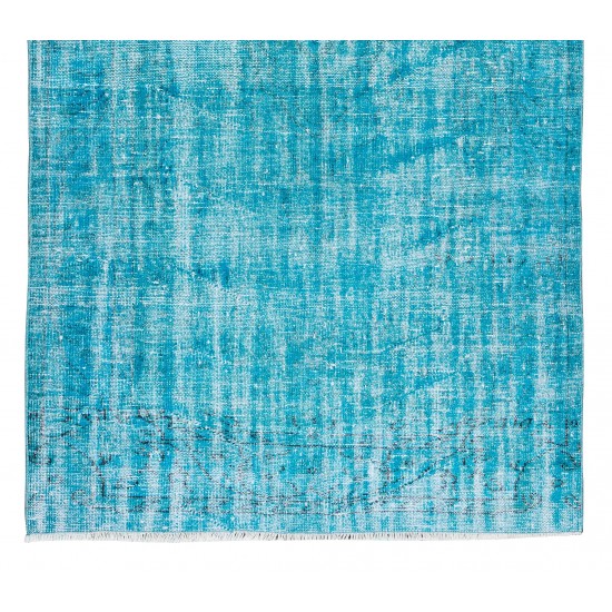 Authentic Vintage Handmade Rug Over-Dyed in Teal for Modern Office & Home