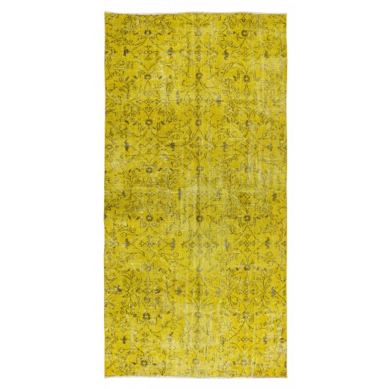 Mid-Century Turkish Wool Rug Over-Dyed in Yellow, Handmade Yellow Carpet for Modern Home & Office Decor