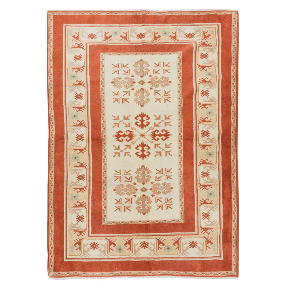 Modern Hand Knotted Turkish Rug in Red & Cream Colors, 100% Wool