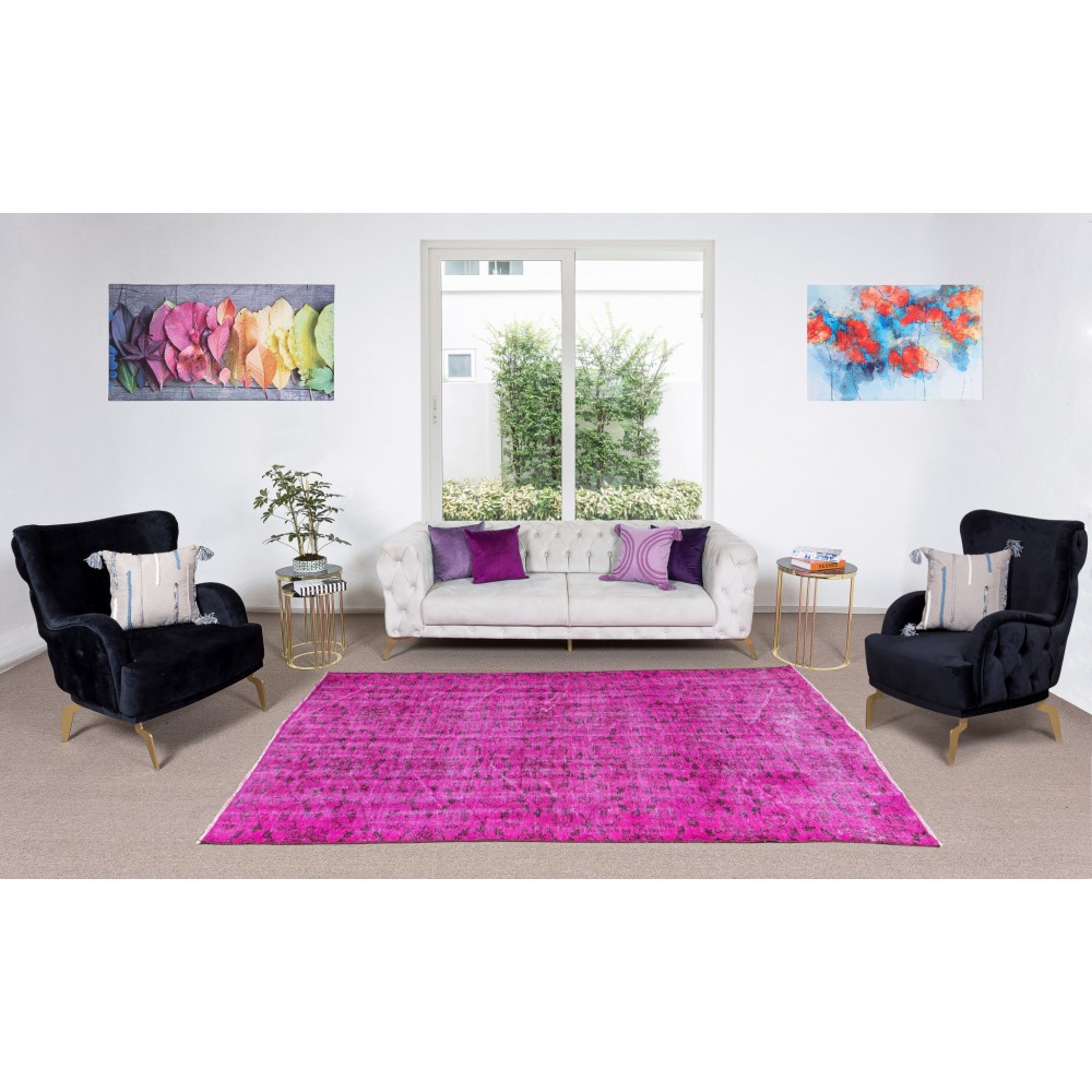 Vintage Handmade Turkish Rug Over-Dyed in Pink Color with Floral Design