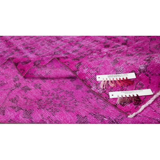 Vintage Handmade Turkish Rug Over-Dyed in Pink Color with Floral Design