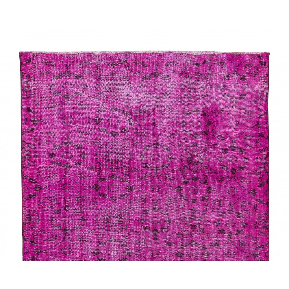 Vintage Handmade Turkish Rug Over-Dyed in Pink Color with Floral Design