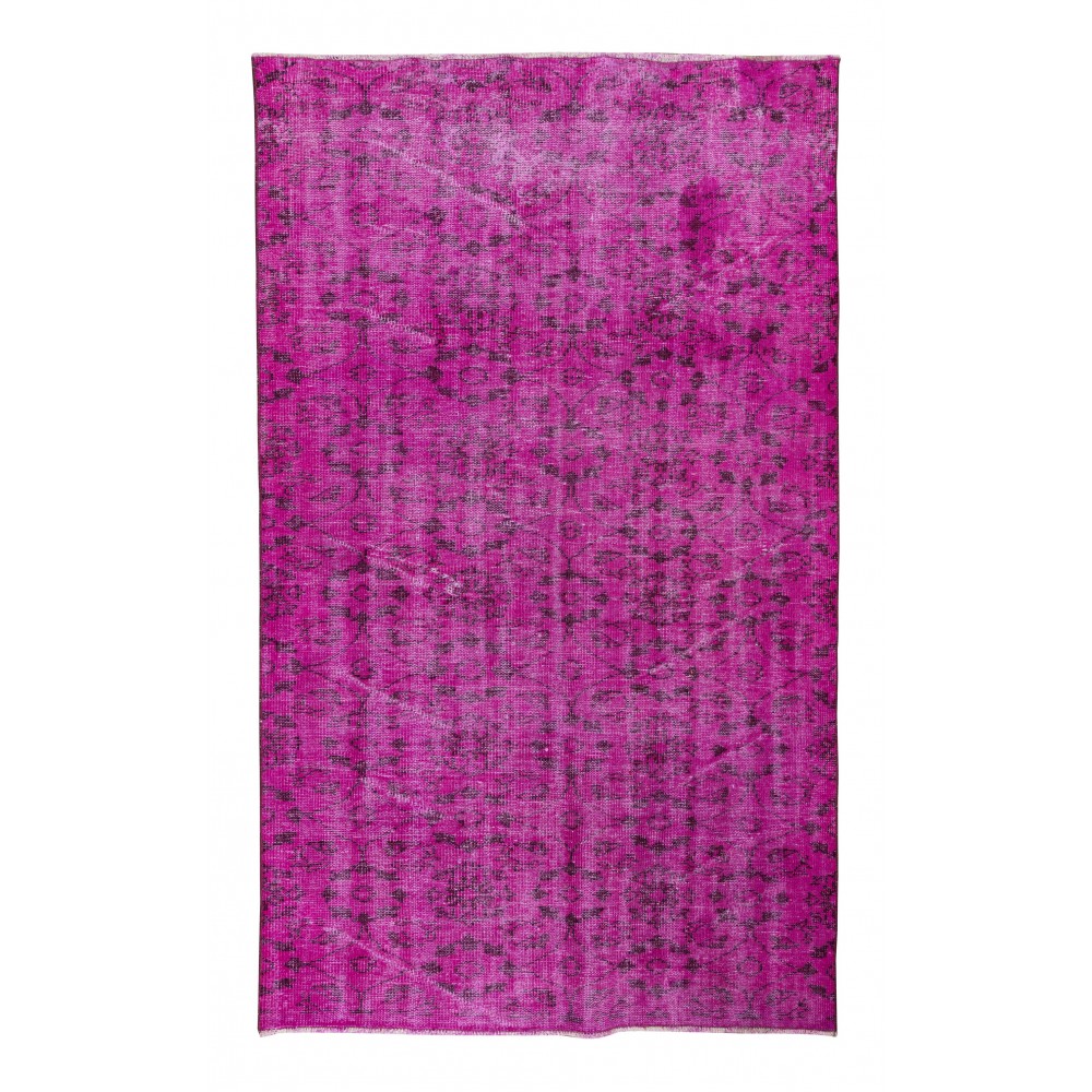 Vintage Handmade Turkish Rug Over-Dyed in Pink Color with Floral Design