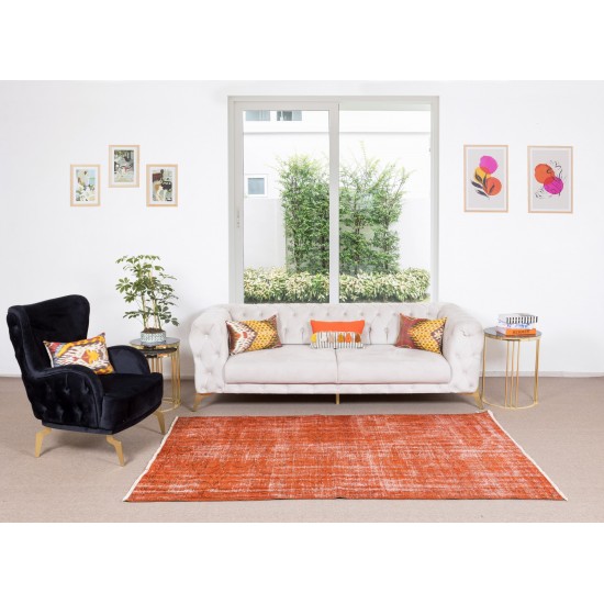 Hand Knotted Turkish Wool Rug Over-Dyed in Orange, Vintage Orange Carpet for Contemporary Interiors