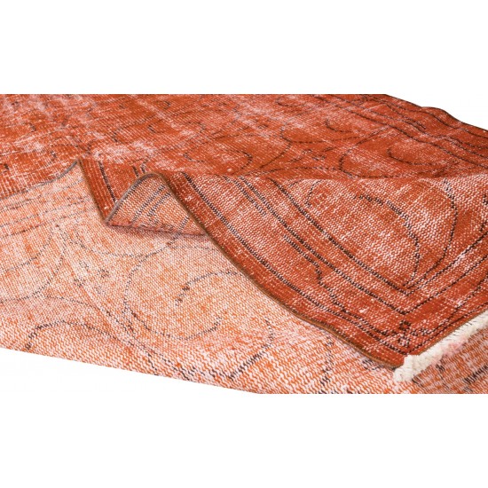 Hand Knotted Turkish Wool Rug Over-Dyed in Orange, Vintage Orange Carpet for Contemporary Interiors