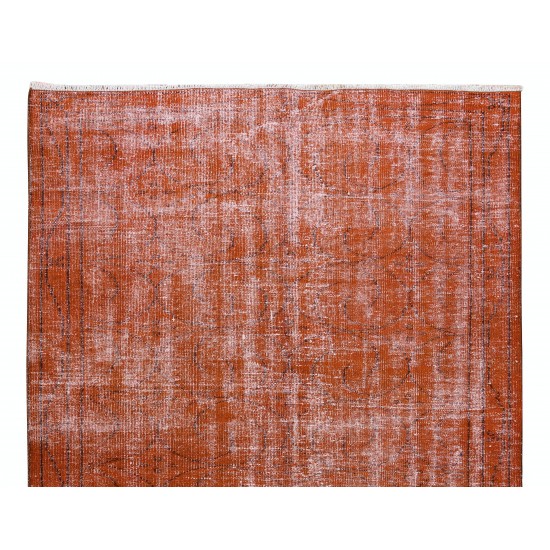 Hand Knotted Turkish Wool Rug Over-Dyed in Orange, Vintage Orange Carpet for Contemporary Interiors