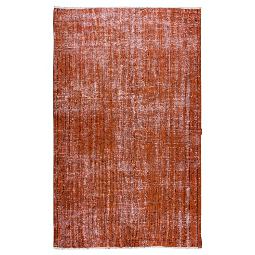 Hand Knotted Turkish Wool Rug Over-Dyed in Orange, Vintage Orange Carpet for Contemporary Interiors