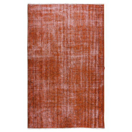 Hand Knotted Turkish Wool Rug Over-Dyed in Orange, Vintage Orange Carpet for Contemporary Interiors