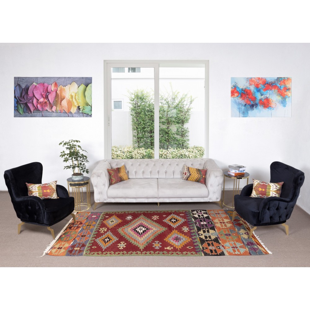 Hand-Woven Geometric Vintage Kilim Rug From Turkey, 100% Wool