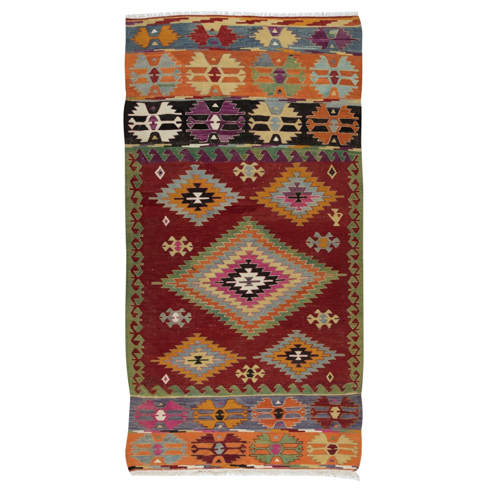 Hand-Woven Geometric Vintage Kilim Rug From Turkey, 100% Wool