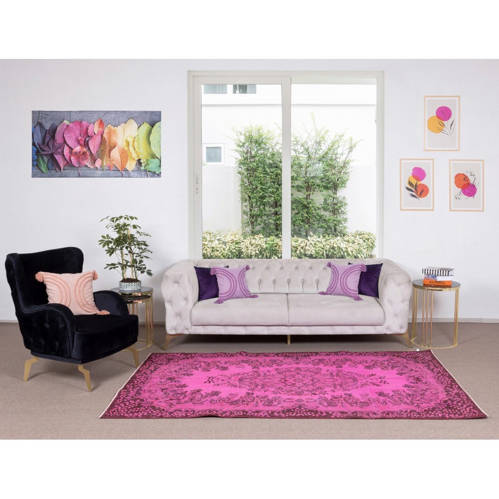 Vintage Handmade Turkish Area Rug Over-Dyed in Pink Color with Floral Medallion Design