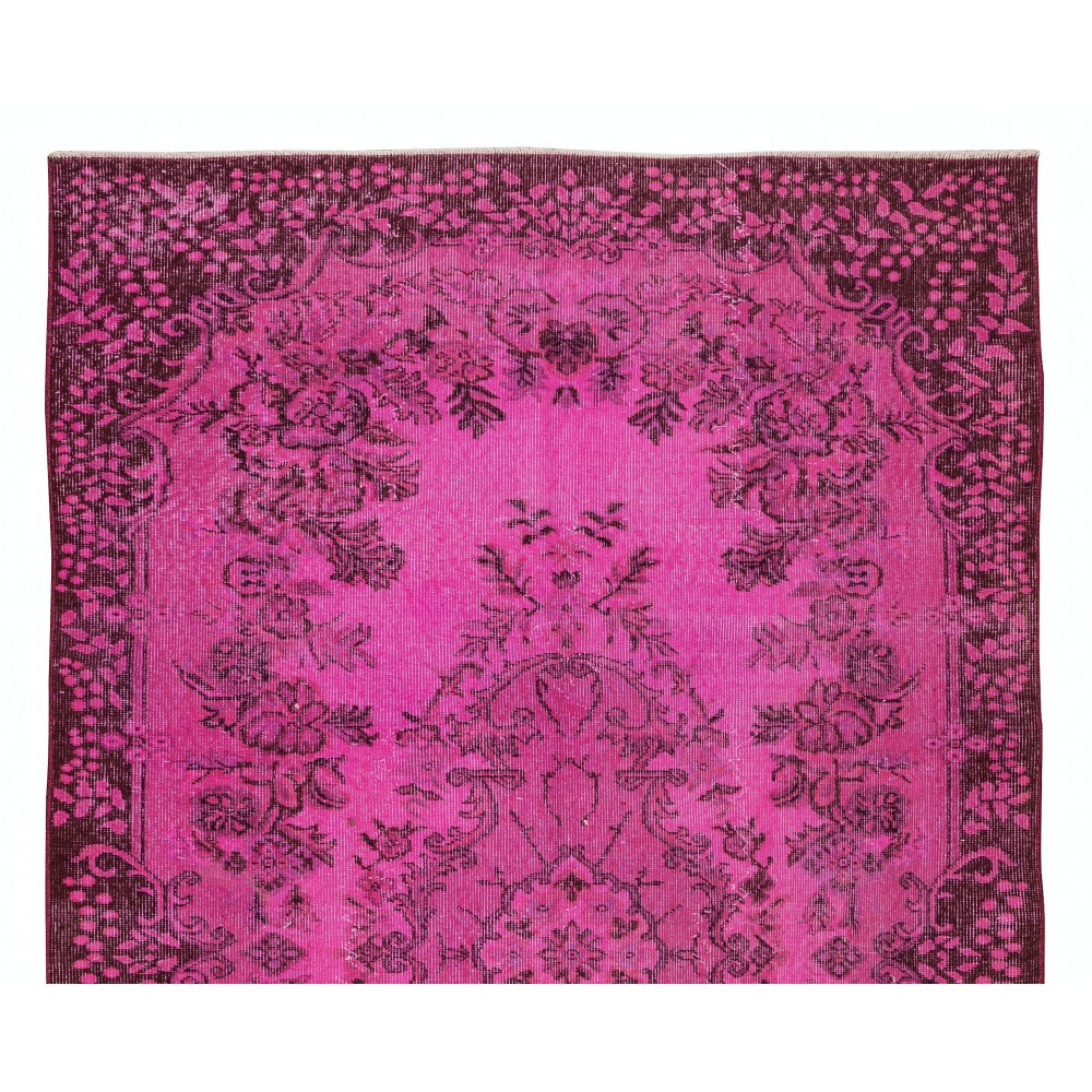 Vintage Handmade Turkish Area Rug Over-Dyed in Pink Color with Floral Medallion Design