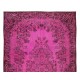 Vintage Handmade Turkish Area Rug Over-Dyed in Pink Color with Floral Medallion Design