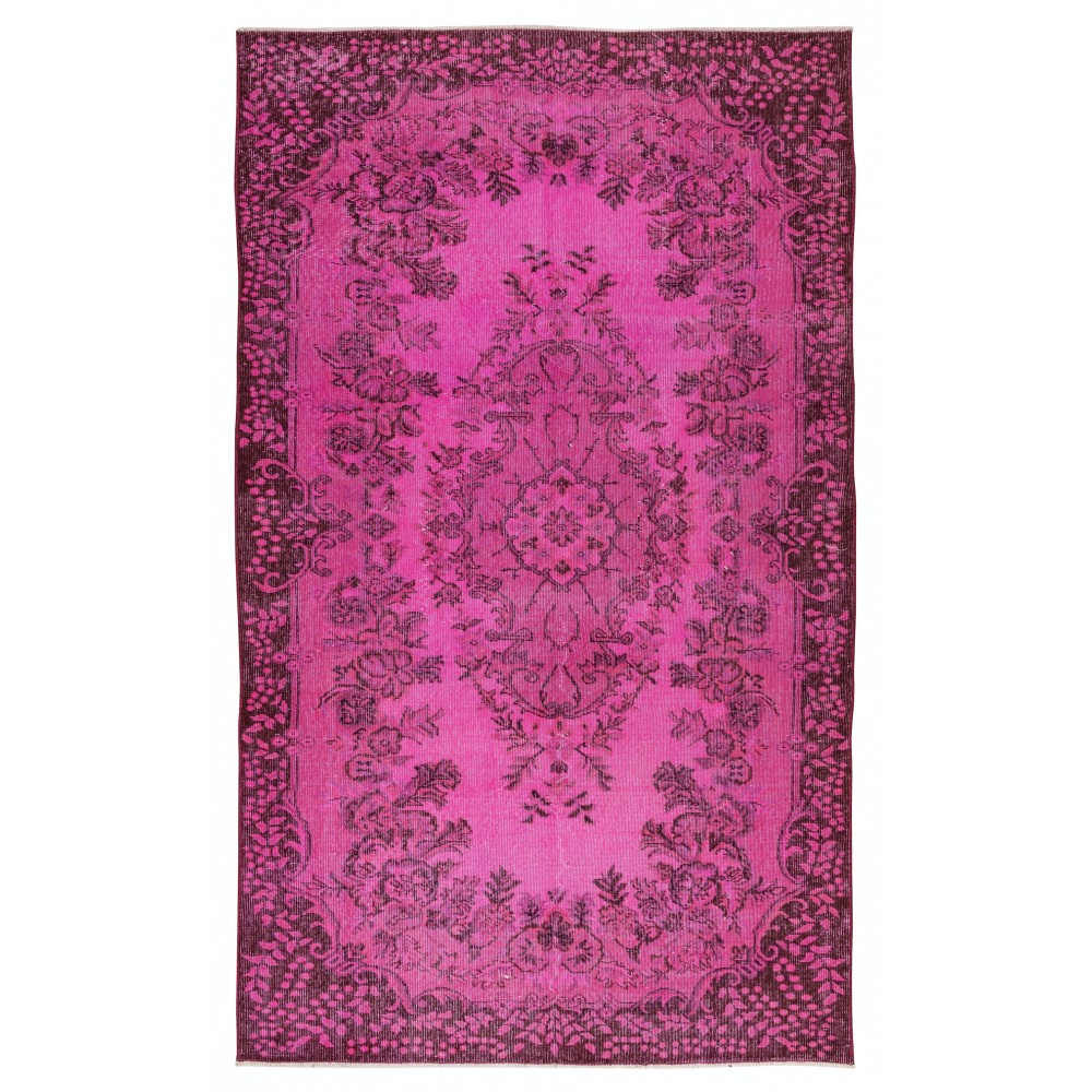 Vintage Handmade Turkish Area Rug Over-Dyed in Pink Color with Floral Medallion Design