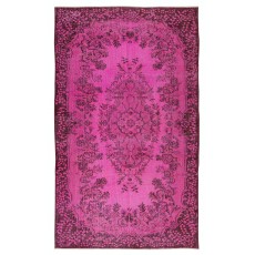 Vintage Handmade Turkish Area Rug Over-Dyed in Pink Color with Floral Medallion Design