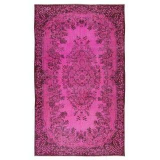 Vintage Handmade Turkish Area Rug Over-Dyed in Pink Color with Floral Medallion Design