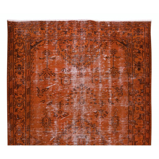 Hand Knotted Turkish Wool Rug Over-Dyed in Orange, Vintage Orange Carpet for Contemporary Interiors