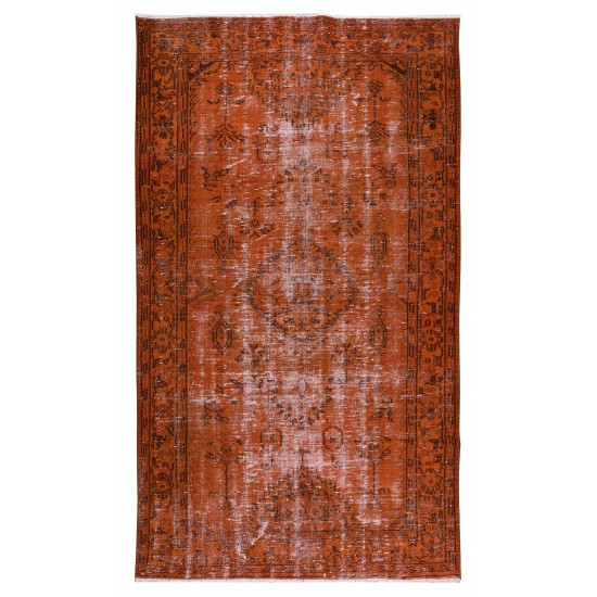 Hand Knotted Turkish Wool Rug Over-Dyed in Orange, Vintage Orange Carpet for Contemporary Interiors