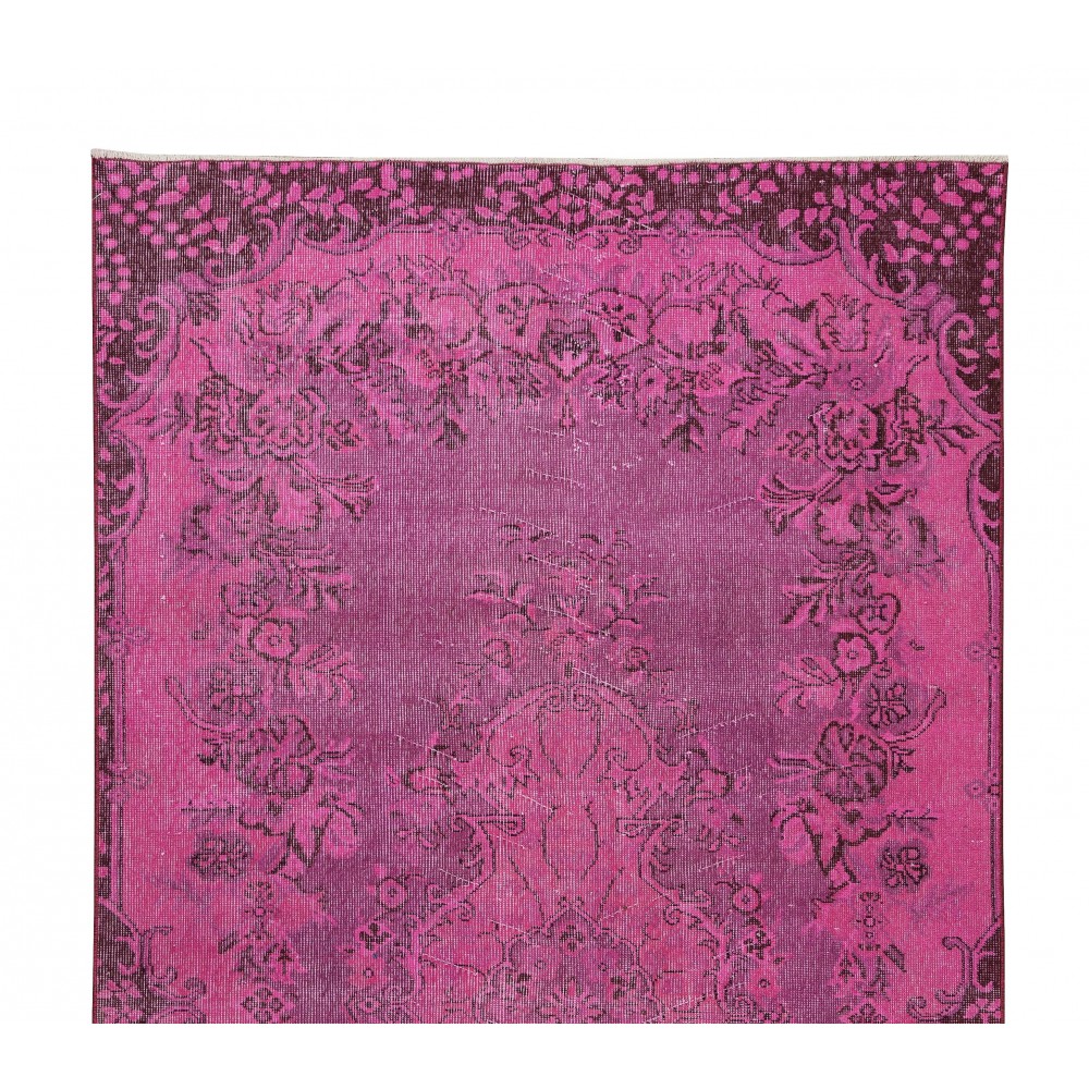 Vintage Handmade Turkish Area Rug Over-Dyed in Pink Color with Floral Medallion Design