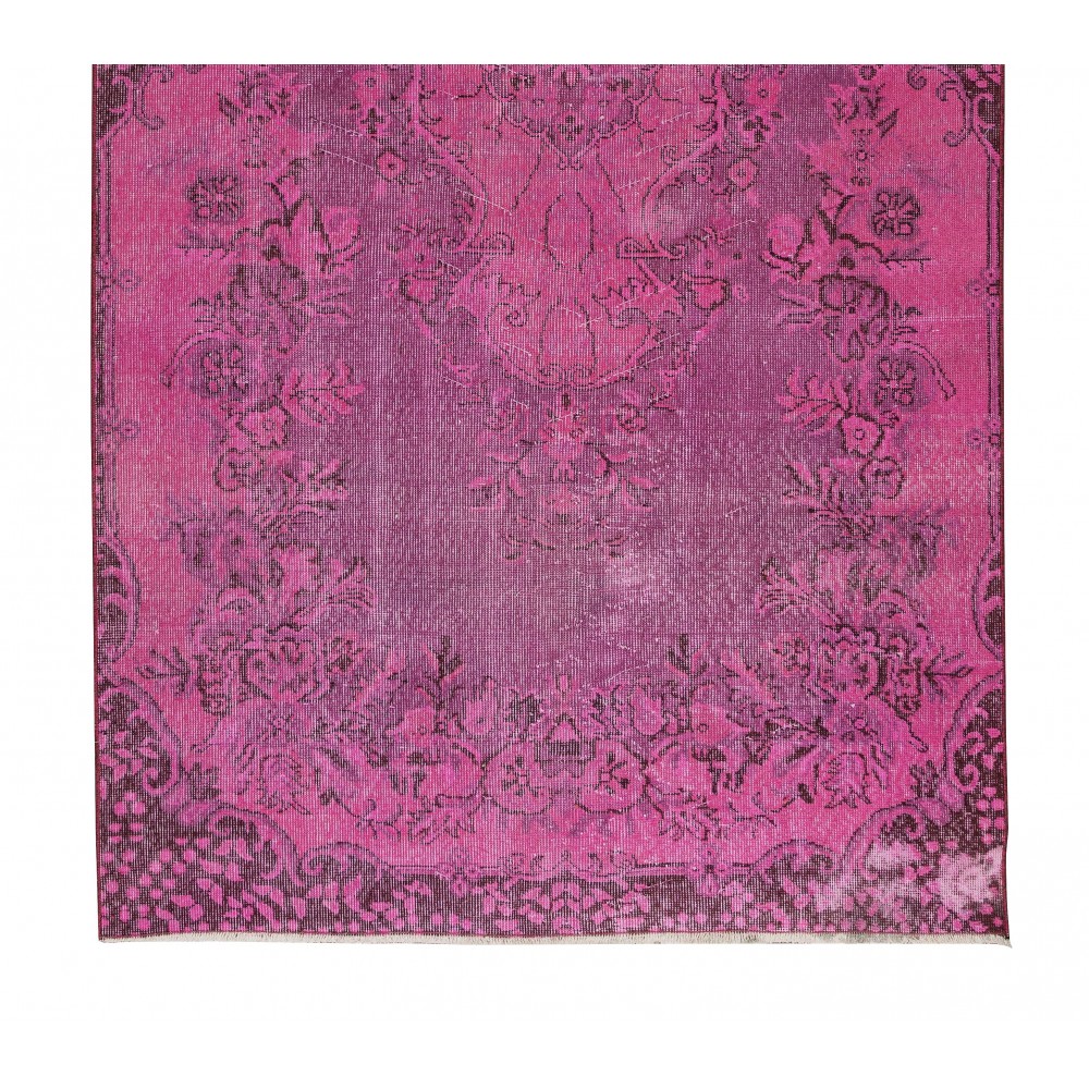 Vintage Handmade Turkish Area Rug Over-Dyed in Pink Color with Floral Medallion Design