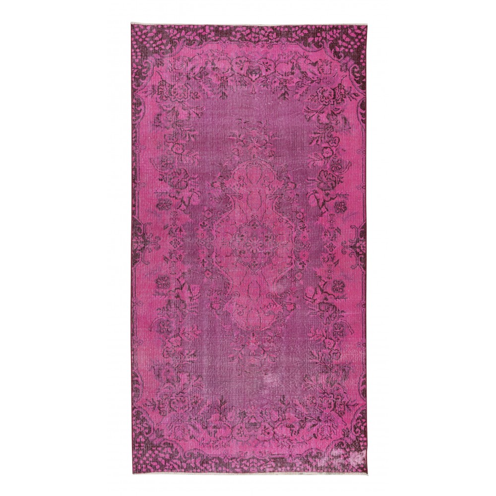 Vintage Handmade Turkish Area Rug Over-Dyed in Pink Color with Floral Medallion Design