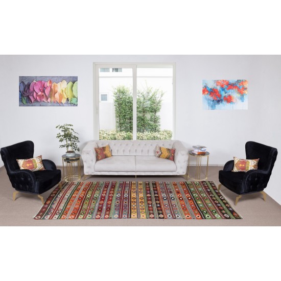 Hand-Woven Turkish Vintage Kilim Runner, Geometric & Striped Pattern Rug Hand-Woven Turkish Vintage Kilim Runner, Geometric & Striped Pattern Rug