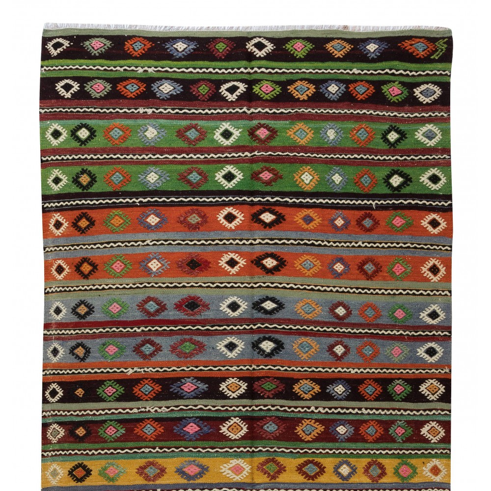 Hand-Woven Turkish Vintage Kilim Runner, Geometric & Striped Pattern Rug