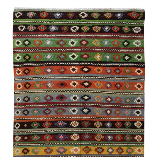 Hand-Woven Turkish Vintage Kilim Runner, Geometric & Striped Pattern Rug
