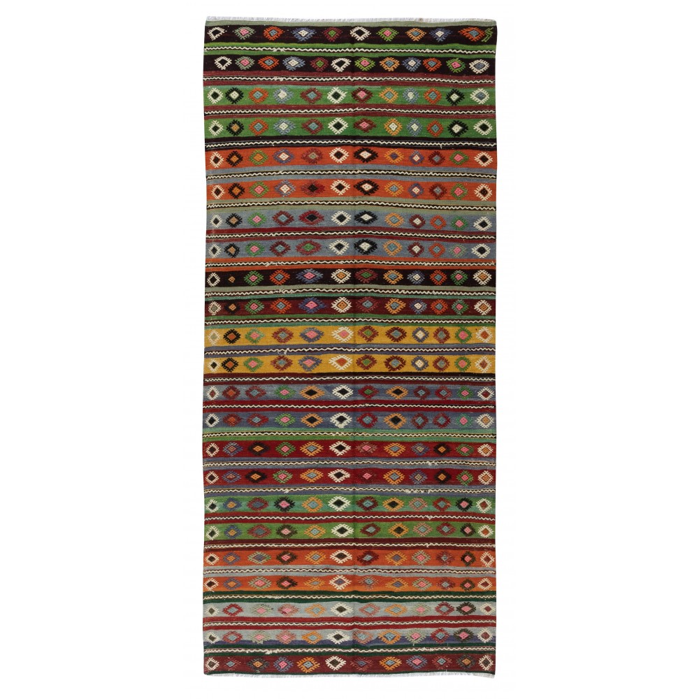 Hand-Woven Turkish Vintage Kilim Runner, Geometric & Striped Pattern Rug