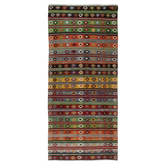 Hand-Woven Turkish Vintage Kilim Runner, Geometric & Striped Pattern Rug