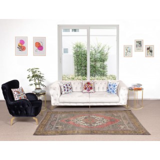 Mid-Century Hand-Knotted Turkish Tribal Rug with Geometric Medallion Design, 100% Wool