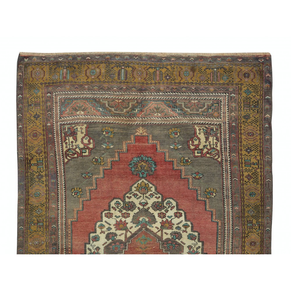 Mid-Century Hand-Knotted Turkish Tribal Rug with Geometric Medallion Design, 100% Wool