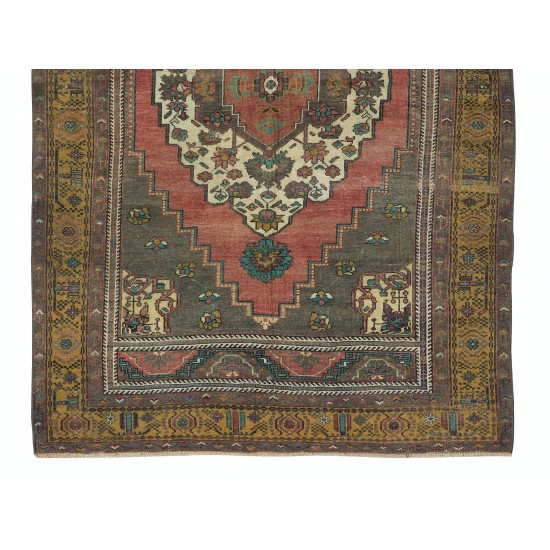 Mid-Century Hand-Knotted Turkish Tribal Rug with Geometric Medallion Design, 100% Wool