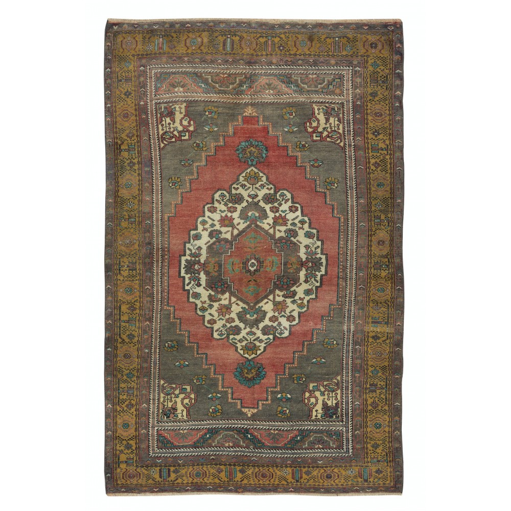 Mid-Century Hand-Knotted Turkish Tribal Rug with Geometric Medallion Design, 100% Wool