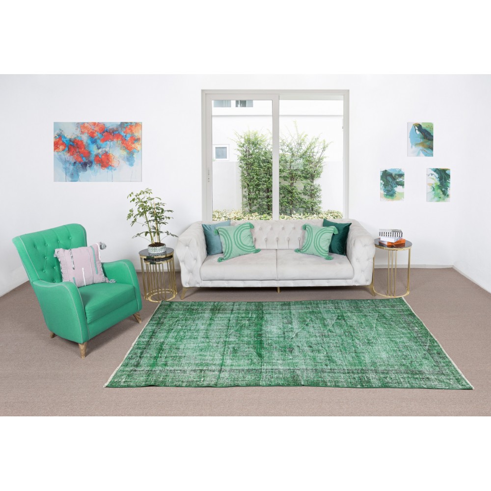 Vintage Hand Knotted Turkish Distressed Wool Rug Over-Dyed in Green for Contemporary Home & Office