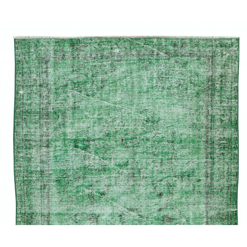 Vintage Hand Knotted Turkish Distressed Wool Rug Over-Dyed in Green for Contemporary Home & Office