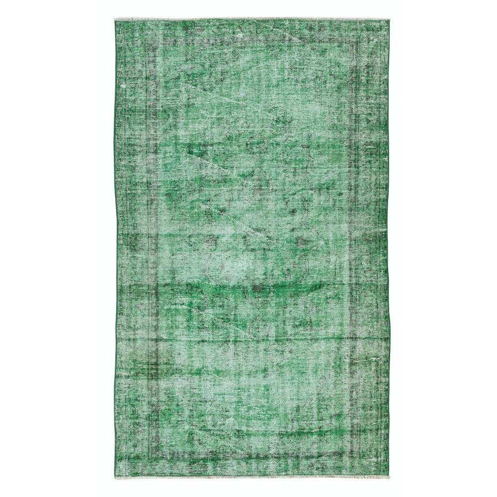 Vintage Hand Knotted Turkish Distressed Wool Rug Over-Dyed in Green for Contemporary Home & Office