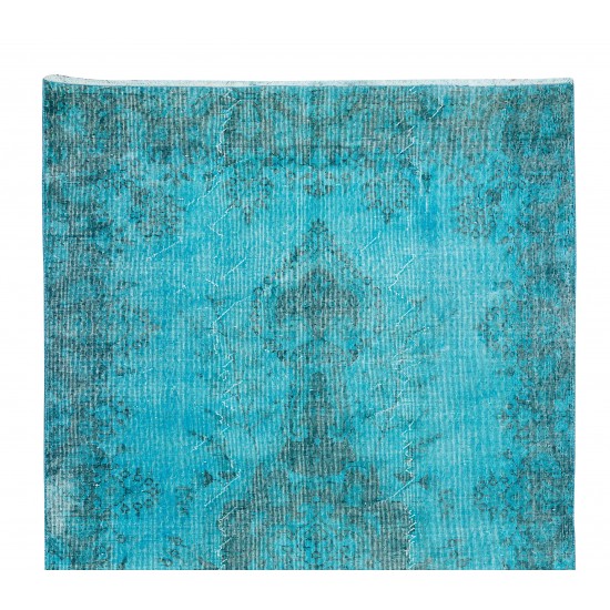 Turkish Handmade Wool Vintage Rug Over-Dyed in Teal Blue Color for Living Room