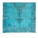 Turkish Handmade Wool Vintage Rug Over-Dyed in Teal Blue Color for Living Room