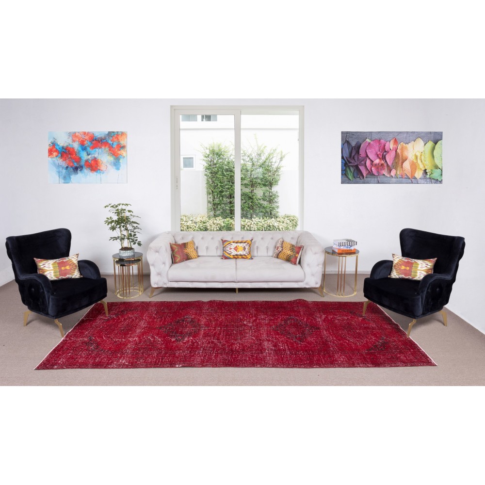 Contemporary Handmade Turkish Sille Runner Rug Over-Dyed in Red Color for Hallway Decor