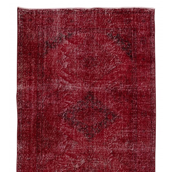 Contemporary Handmade 1960s Konya Sille Runner Rug Over-Dyed in Red Color for Hallway Decor