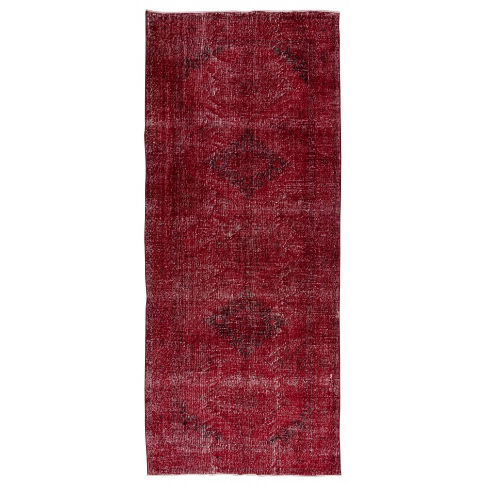 Contemporary Handmade Turkish Sille Runner Rug Over-Dyed in Red Color for Hallway Decor
