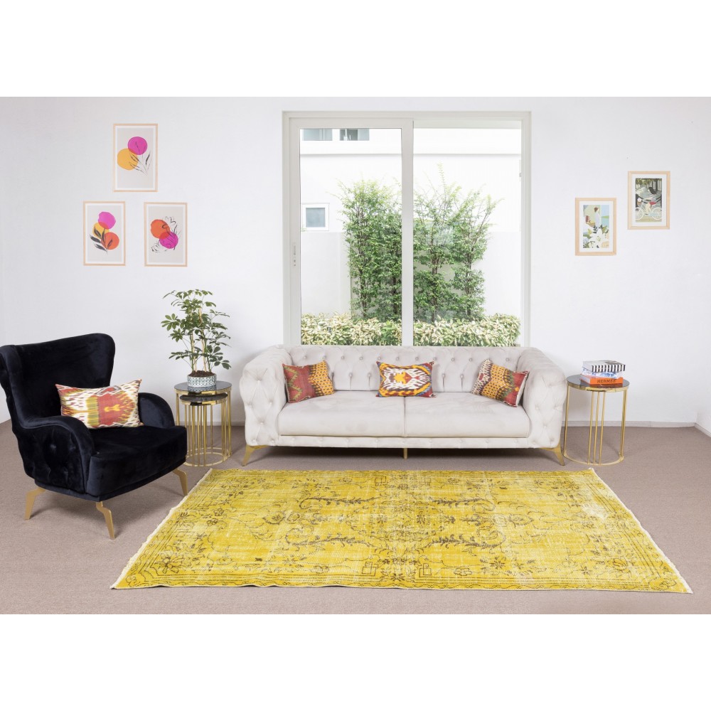 Vintage Turkish Rug Over-Dyed in Yellow, Handmade Yellow Carpet with Medallion Design
