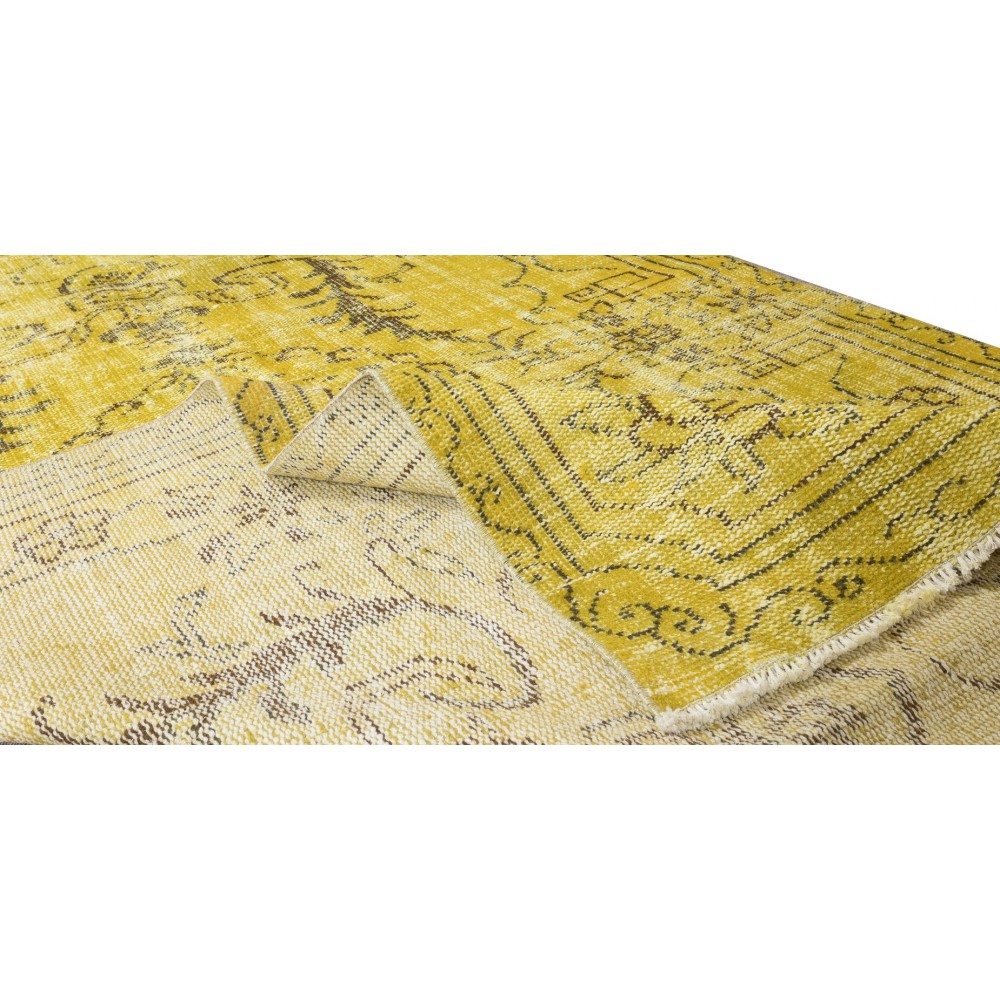 Vintage Turkish Rug Over-Dyed in Yellow, Handmade Yellow Carpet with Medallion Design